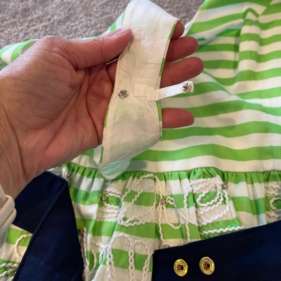 Lilly Pulitzer Roswell Green/White Striped Mini Dress with Navy Bow,Strapless, 8 - Picture 13 of 16